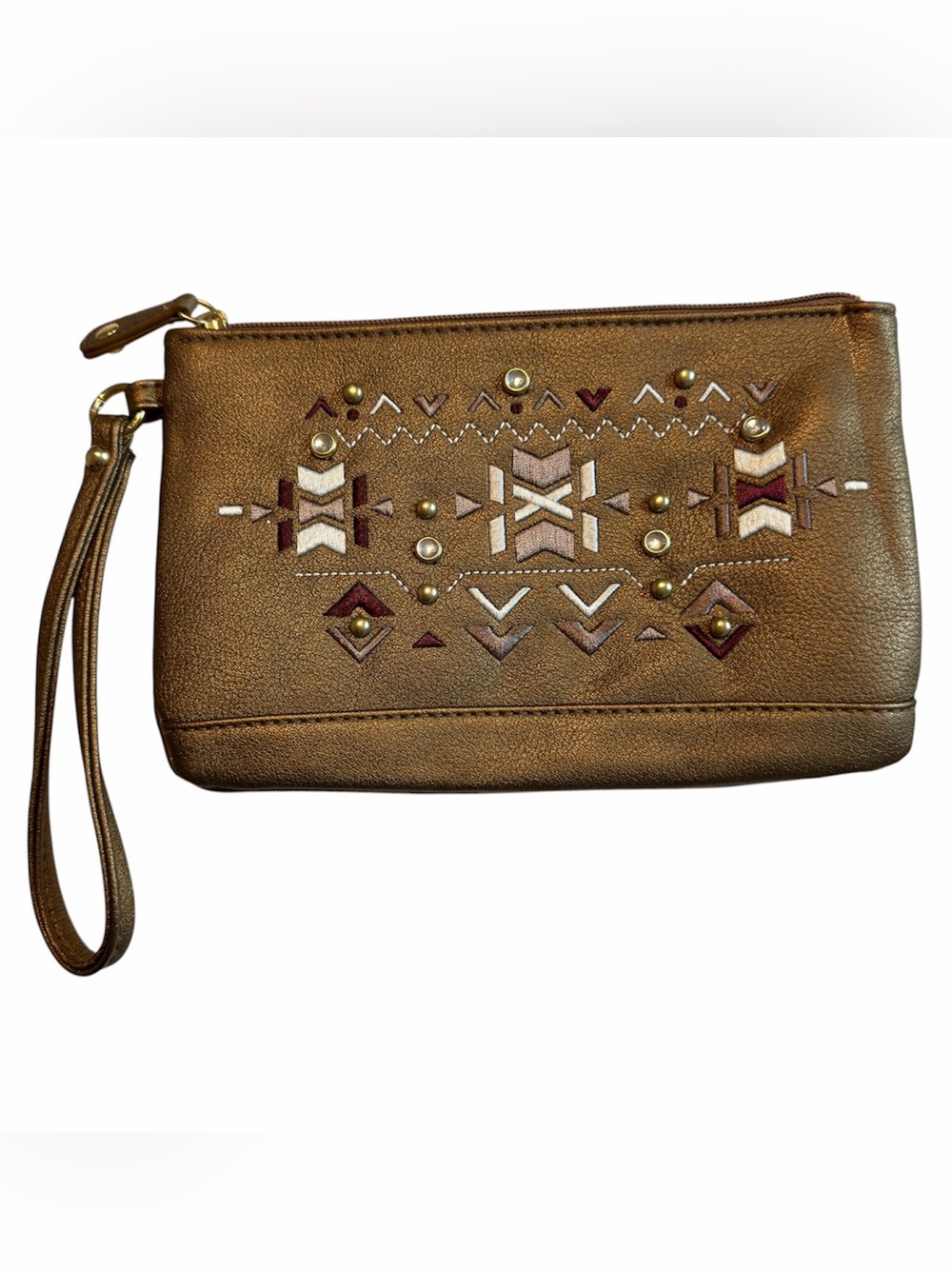 Embroidered Metallic Bronze Wristlet with Stud Accents